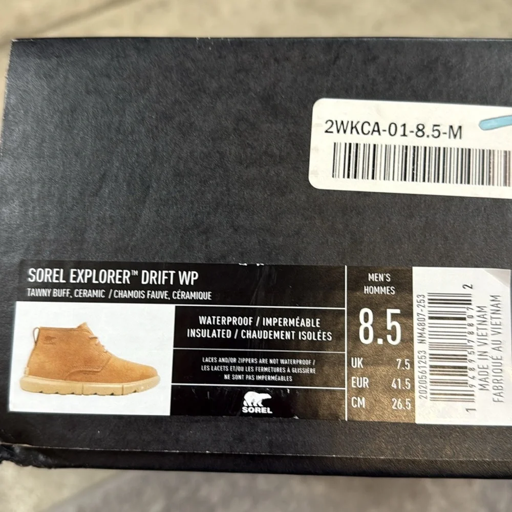 New In Box, Sorel Men's Explorer Drift WP 'Tawny Buff / Ceramic | Size 8.5 - Picture 5 of 6